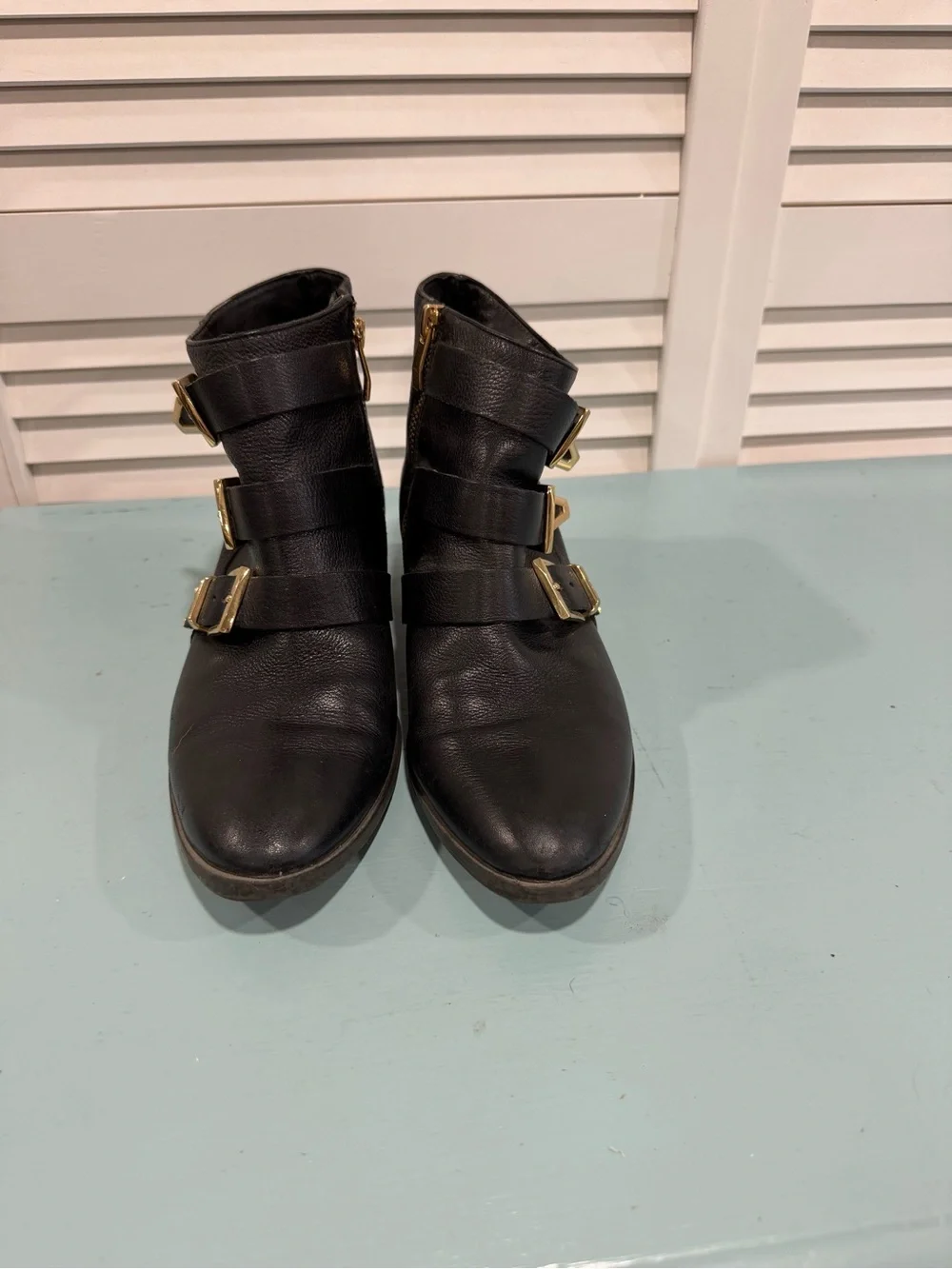 Vince Camuto Women's Black Leather Ankle Boots with Gold Buckles